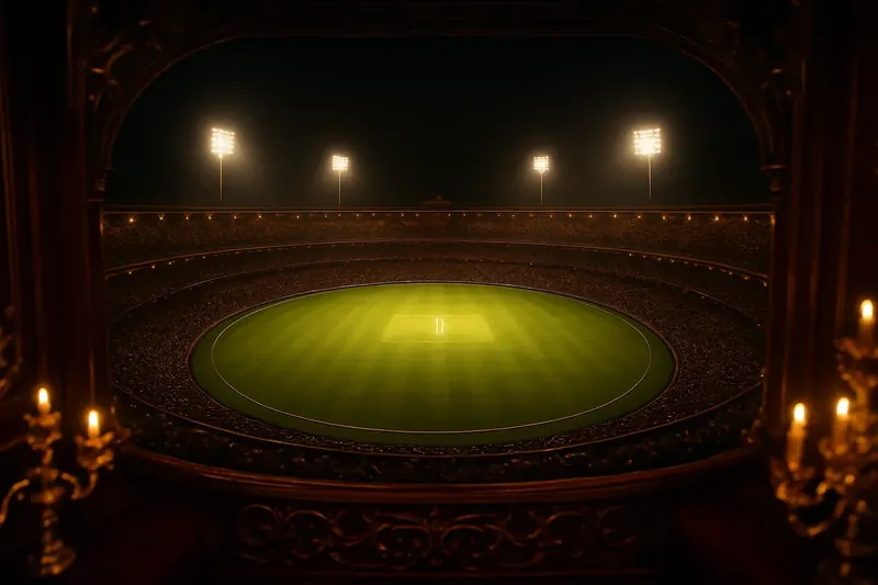 Aerial view of illuminated cricket stadium with packed stands at night