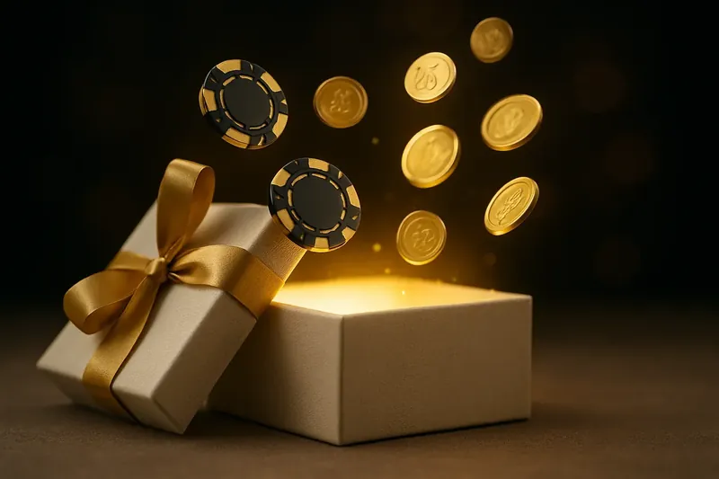 Premium gift box opening with gold light, casino chips and coins