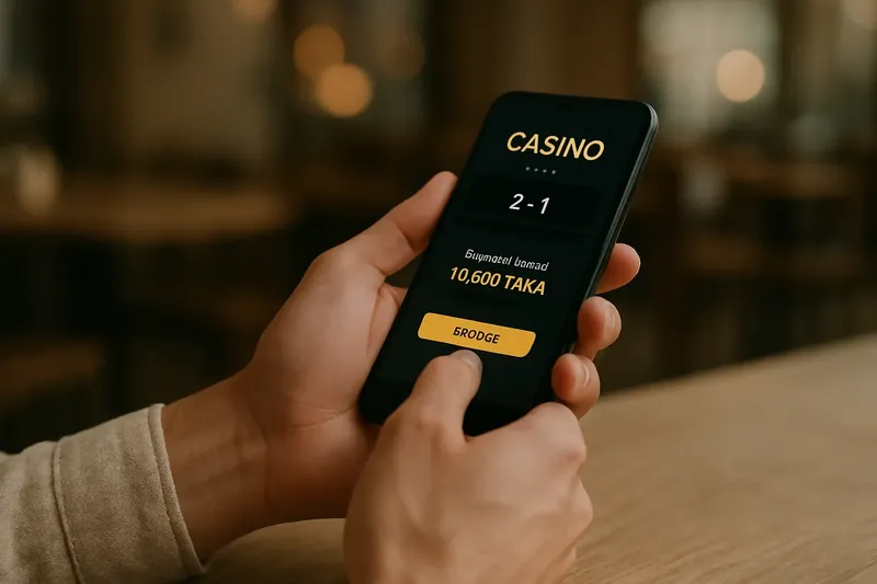 Man typing on smartphone with casino app and taka deposit confirmation