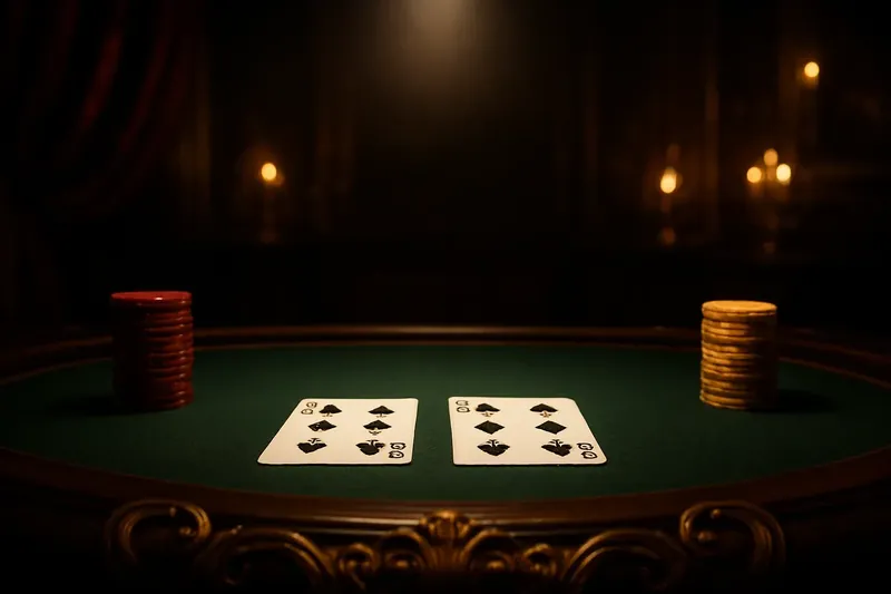 Face-up baccarat cards and chip stacks on green felt table