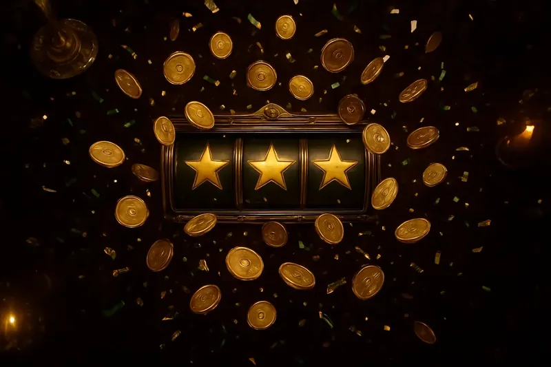 Golden coins raining over winning slot screen in premium casino